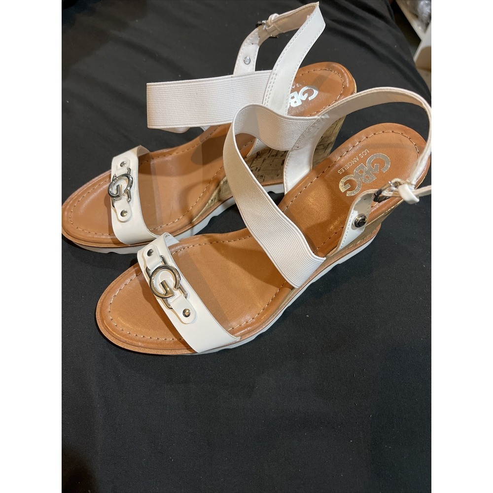 GUESS GBG Los Angeles 5" Wedges‎ White Guess Logo Womens Ankle Strap Size 9M NEW